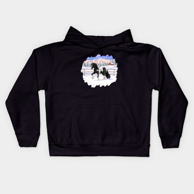 Black Pinto Piebald Gypsy Vanner Draft Horse Trotting in Snow Kids Hoodie by csforest